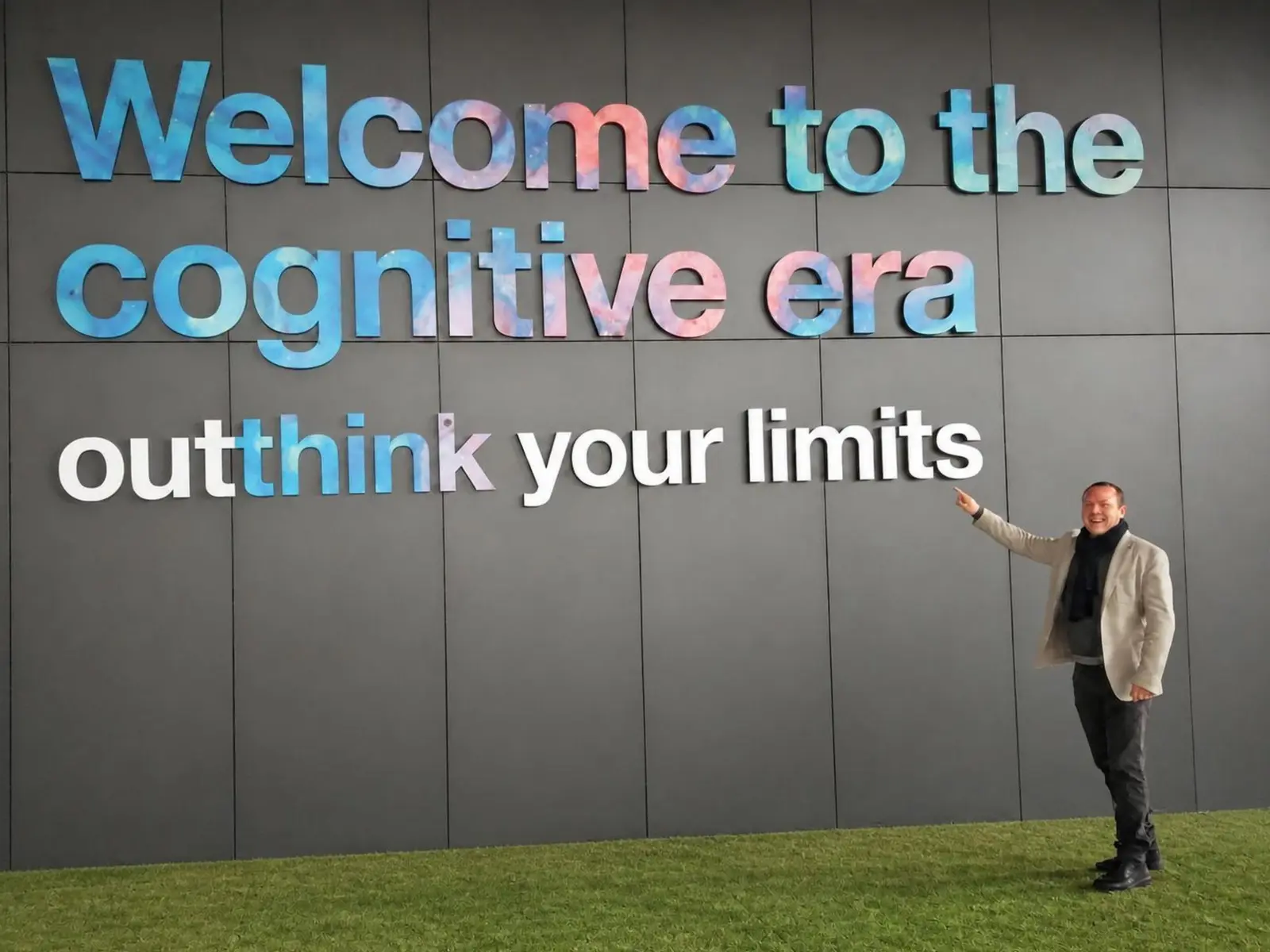 Nicola Casto al CEBIT in Germania davanti alla scritta Welcome to the cognitive era